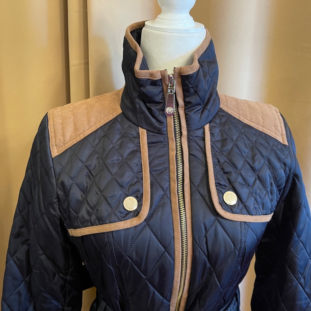 NEW! Vince Camuto Navy Blue and Tan Belted Jacket Size XS - Picture 5 of 15